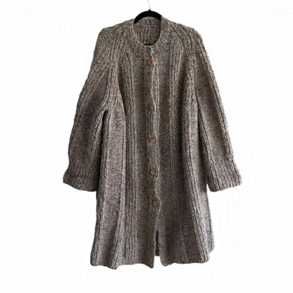HAND KNIT Wool Button Front Long Cardigan Sweater Coat XL